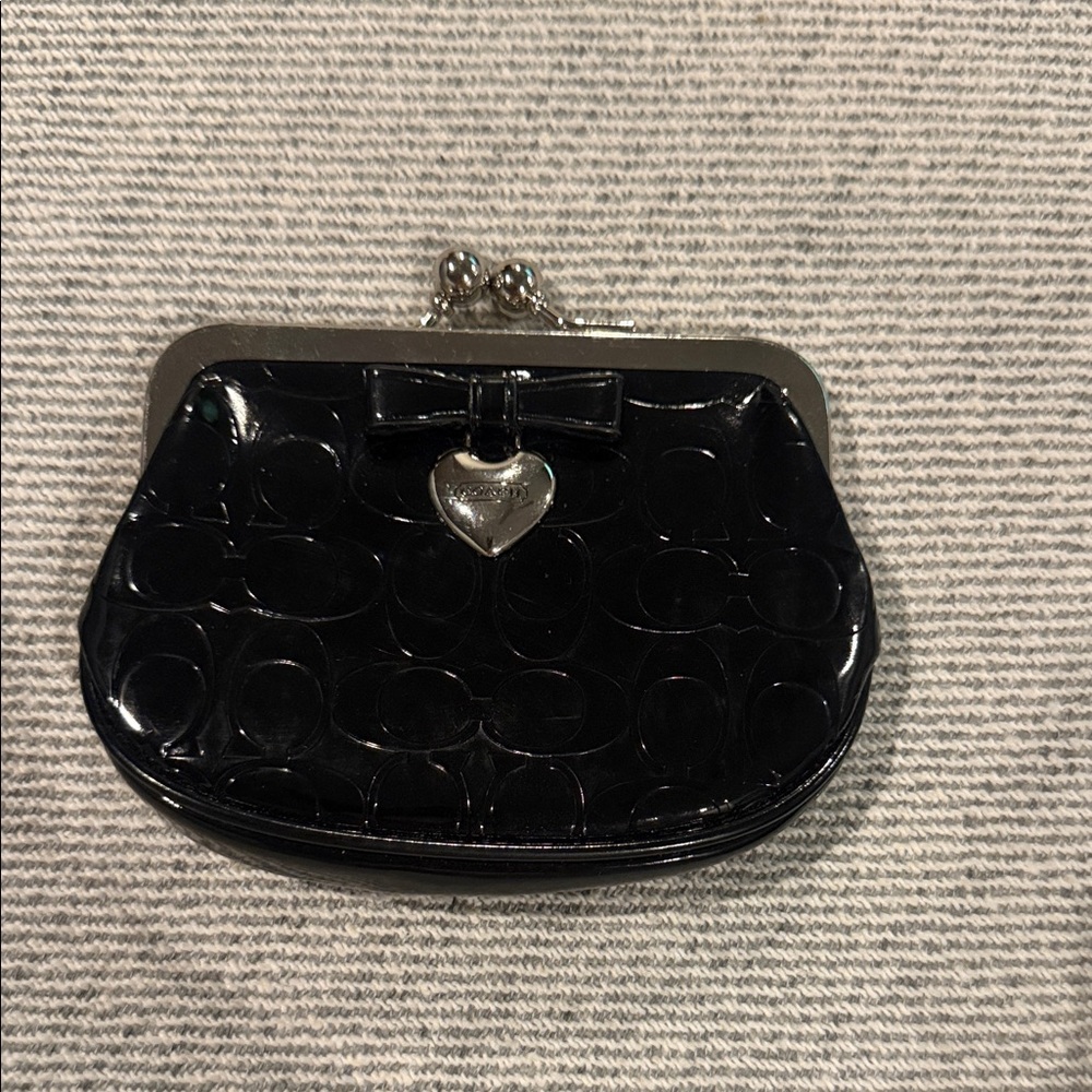 Coach Black Patent Leather Clutch with Heart Charm